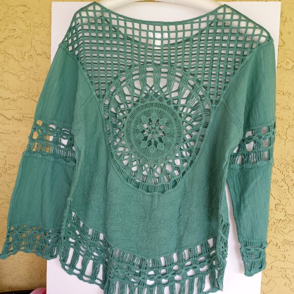 Trendy teal Boho open crochet top shirt cover up - Picture 4 of 15